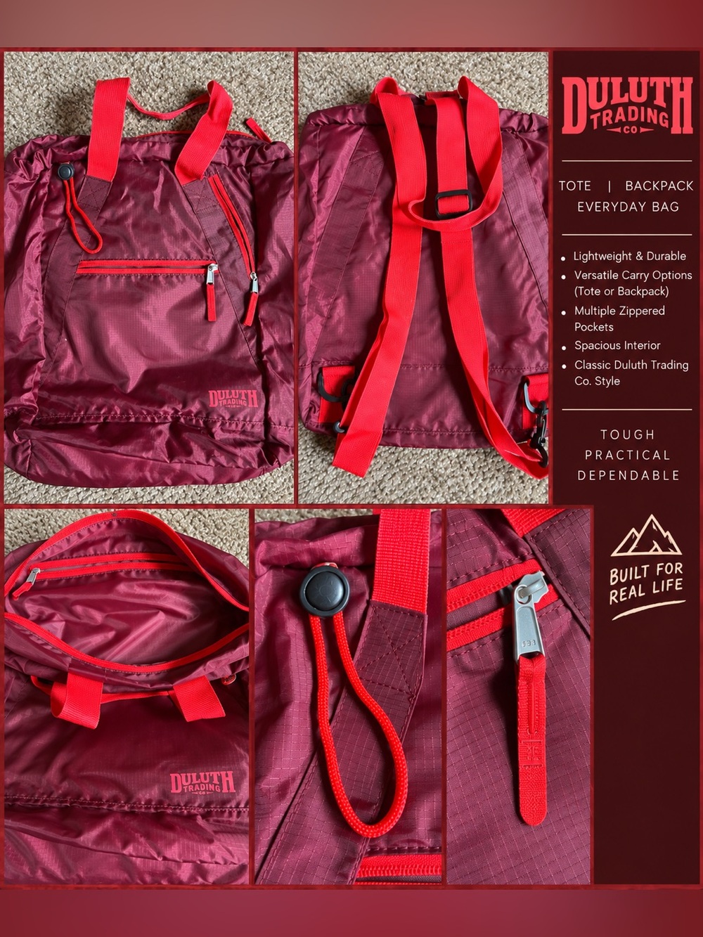 Duluth Trading Co Convertible Tote Backpack in Burgundy with Red Accents